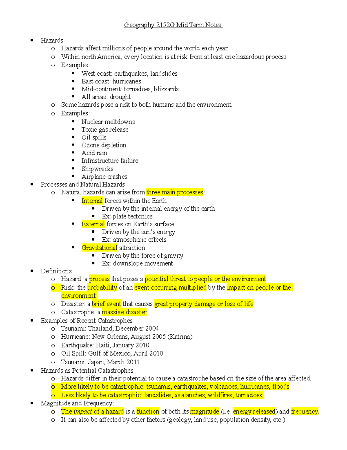 Geography 2152G Midterm Study Notes on Natural Hazards and Risks - Studocu