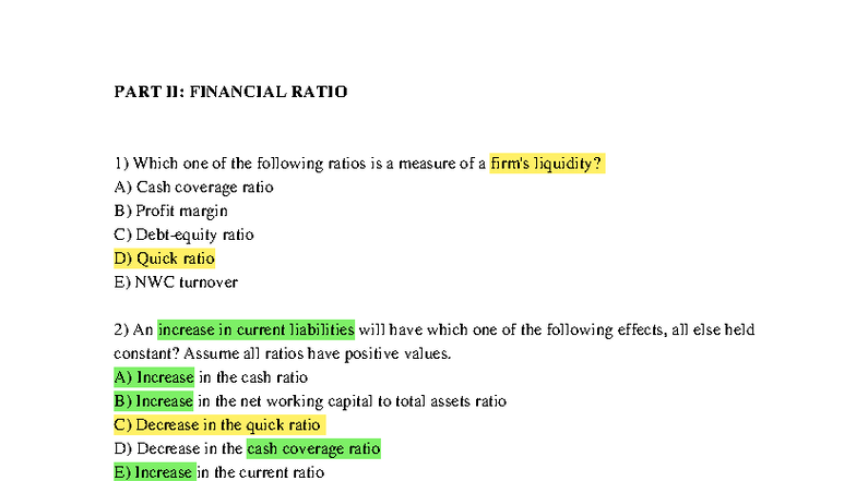 PART II: FINANCIAL RATIOS ANALYSIS AND QUESTIONS - Studocu