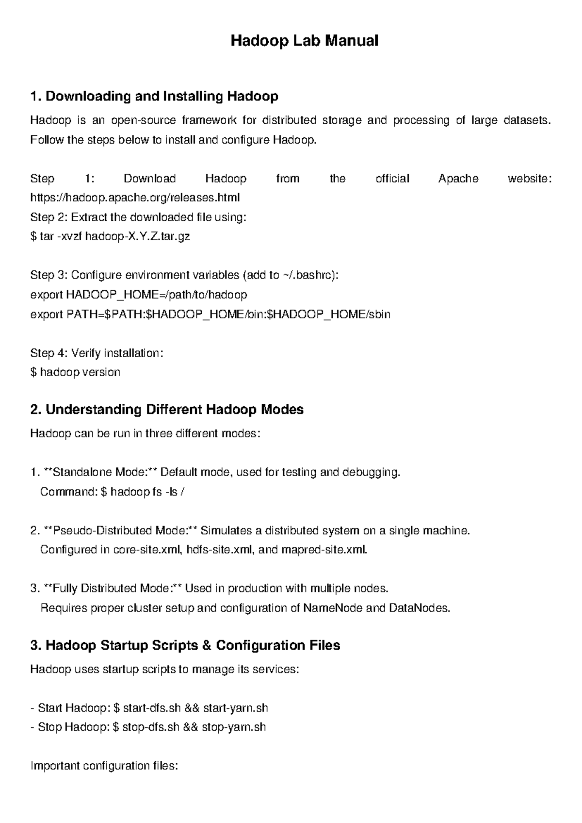 Hadoop Lab Manual: Installation, Modes, and Configuration Guide - Studocu