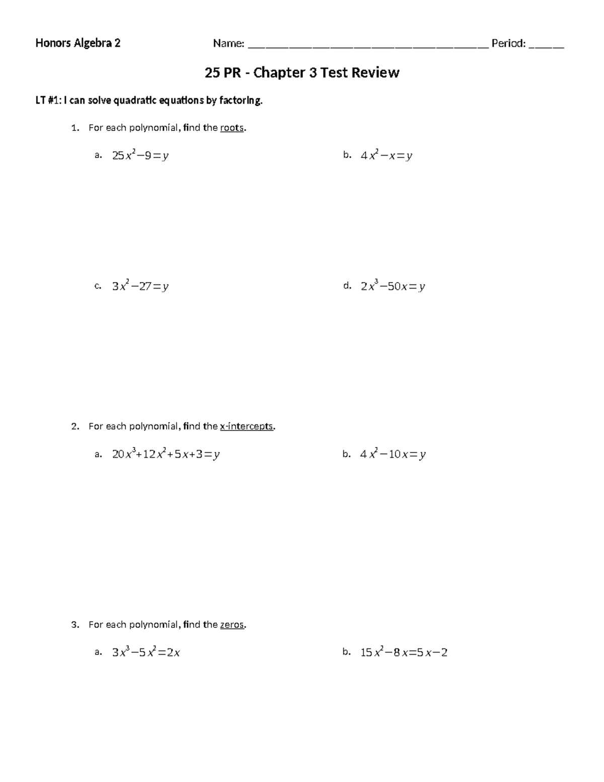 21 PR - Honors Algebra 2 Unit 3 Test Review on Quadratics - Studocu