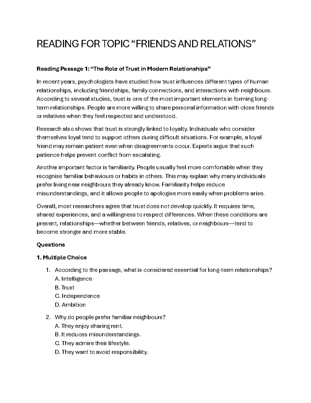 Reading for Topic: Friends and Relationships - Key Insights and ...