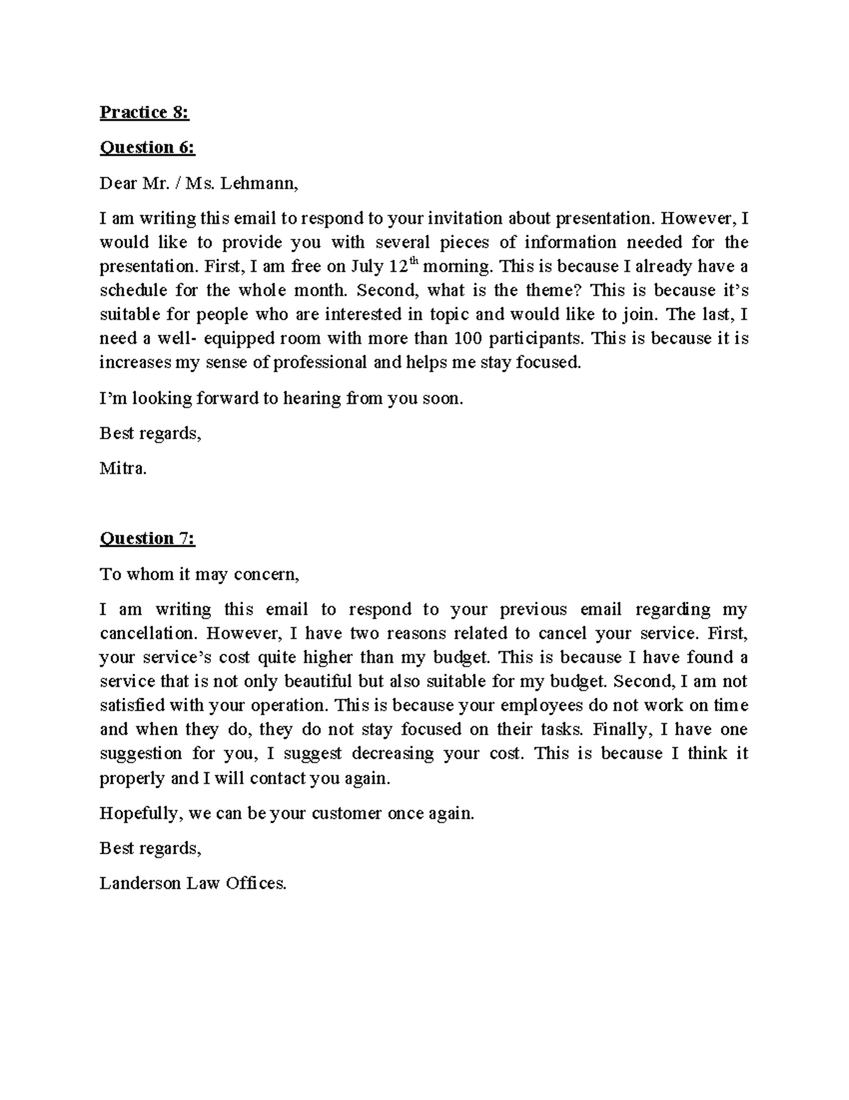 Email Correspondence Practice: Questions 6 & 7 - Studocu