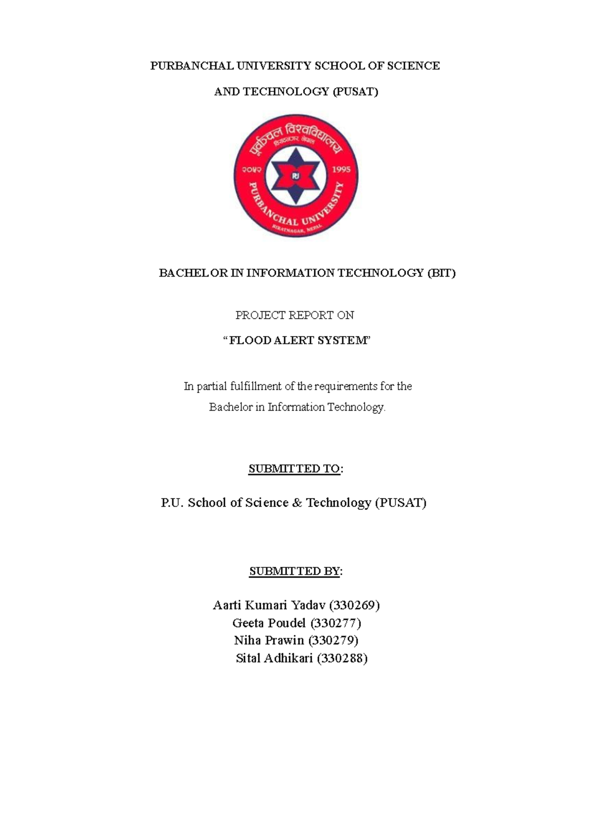 BIT Project Report on Flood Alert System for PUSAT - Studocu
