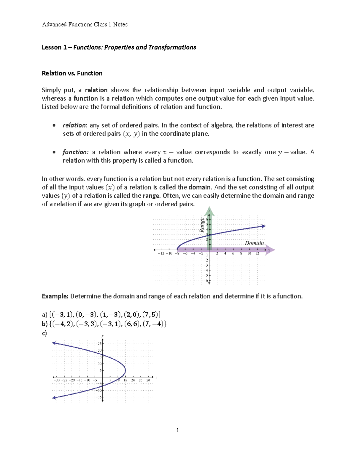 Advanced Functions (MATH 101) Class 1 Notes: Functions ...