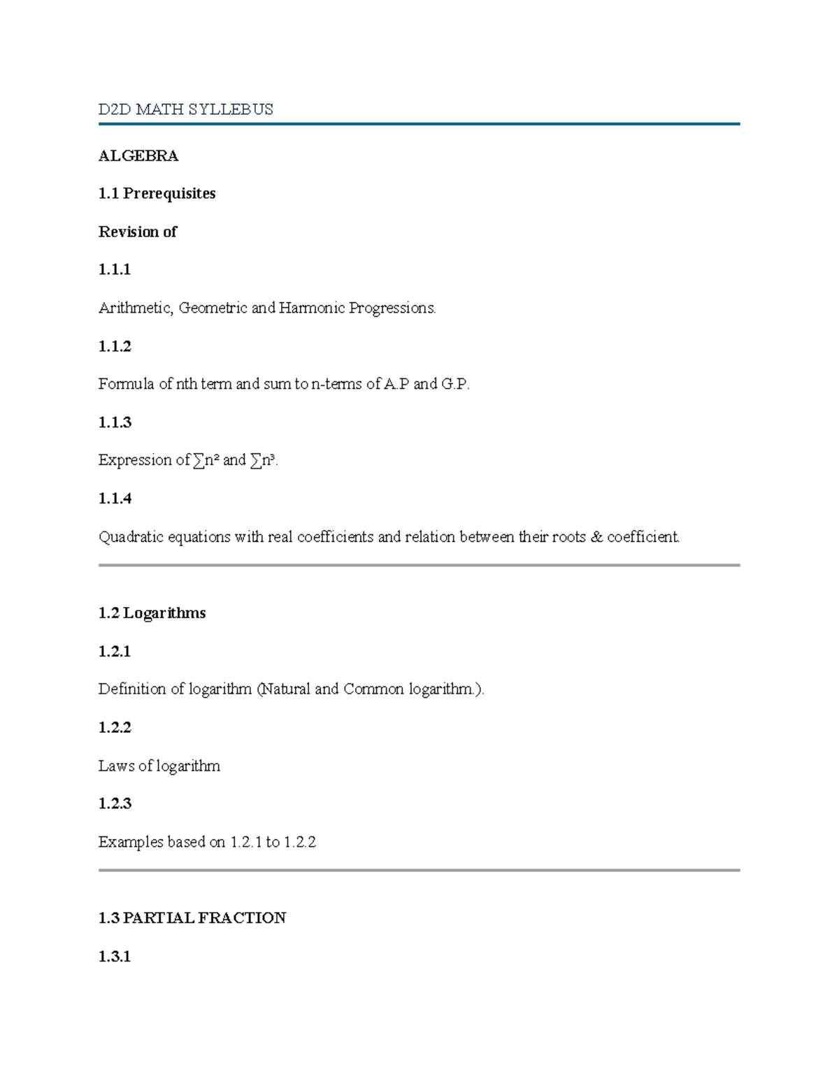 D2D MATH SYLLABUS: Comprehensive Guide to Algebra and Geometry - Studocu