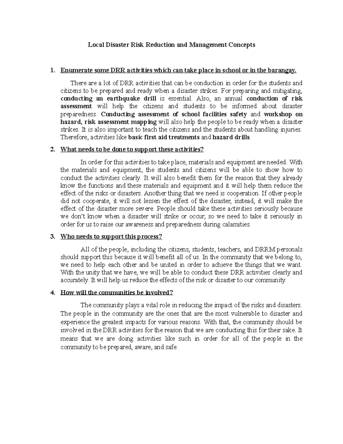 Local Disaster Risk Reduction (DRR) Activities for Communities - Studocu