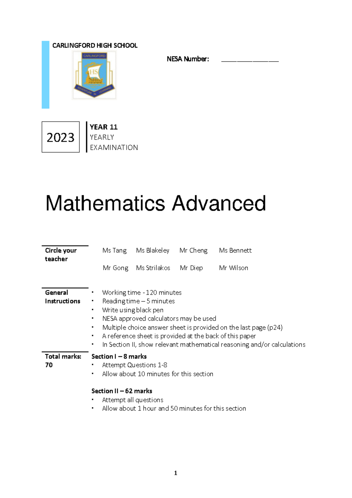 2023 YR11 ADV Yearly Mathematics Exam - Suggested Answer Guide - Studocu