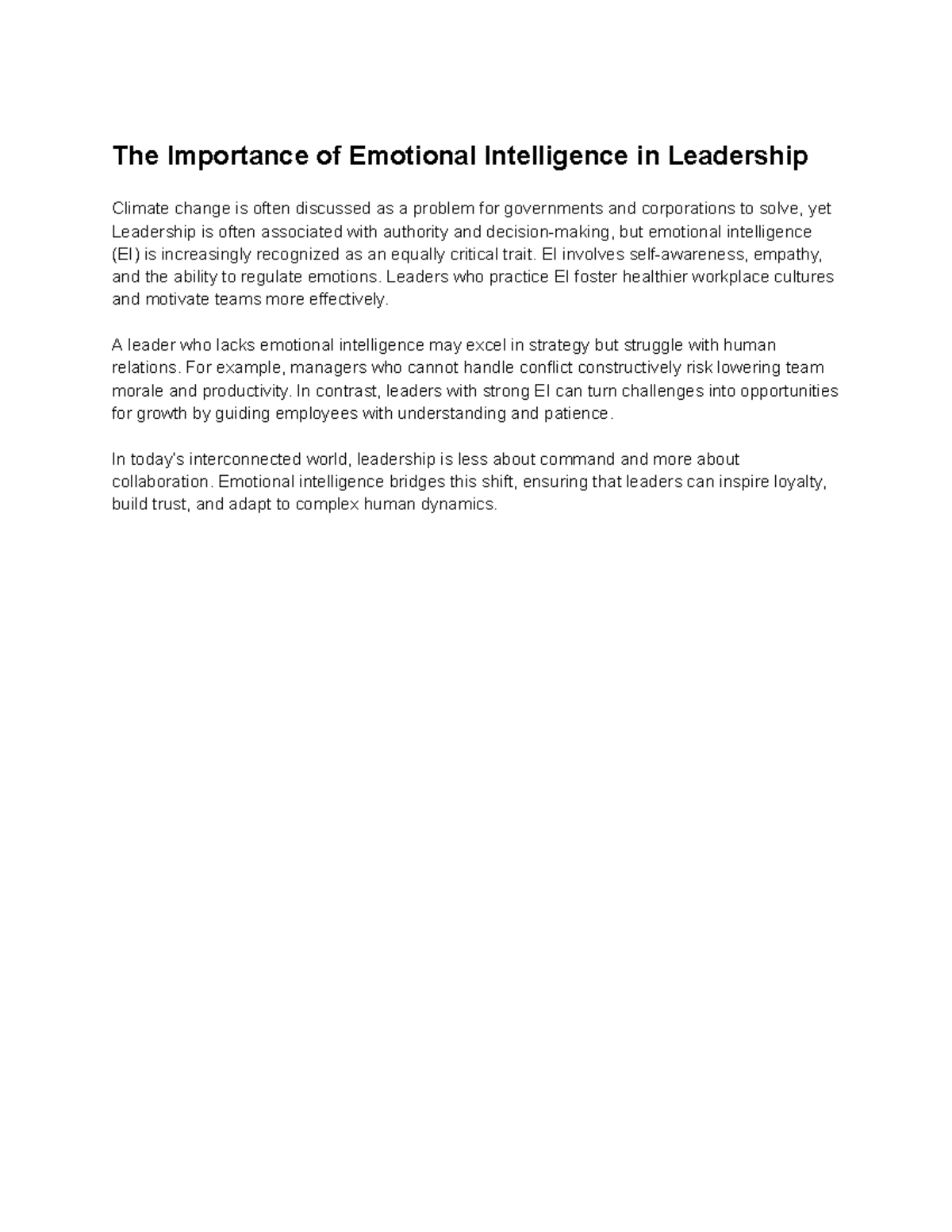 The Role of Emotional Intelligence in Leadership Effectiveness - Studocu