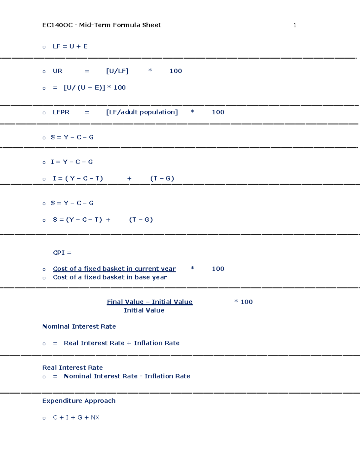 EC140OC - Midterm Formula Sheet with Key Economic Formulas S2024 - Studocu