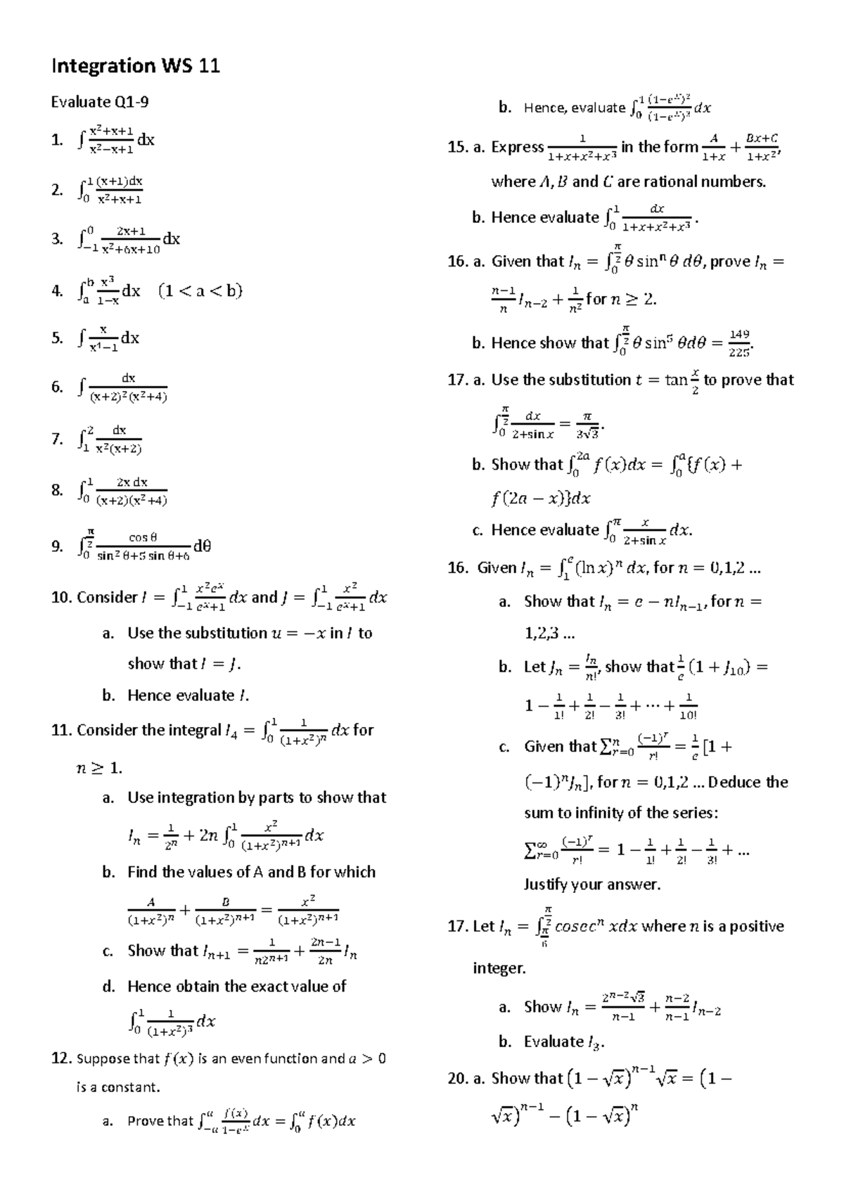 Integration Worksheet - Year 12 Extension 2 All Topics Review - Studocu