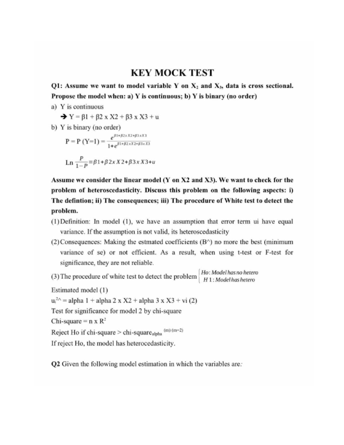 Mock test Econ - mock test econometrics - Q2 Given the following model ...