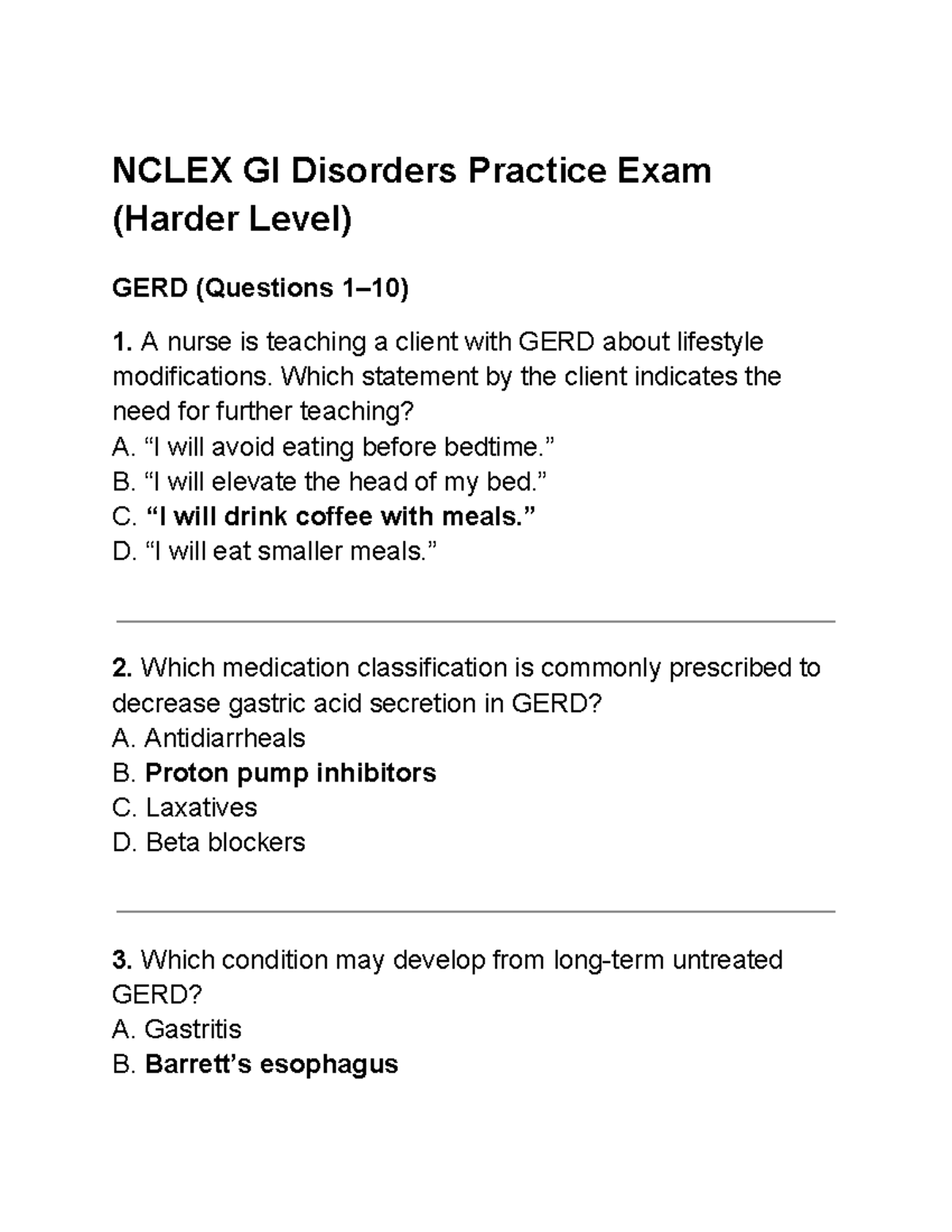 CLEX GI Disorders Practice Questions for GERD and Appendicitis - Studocu