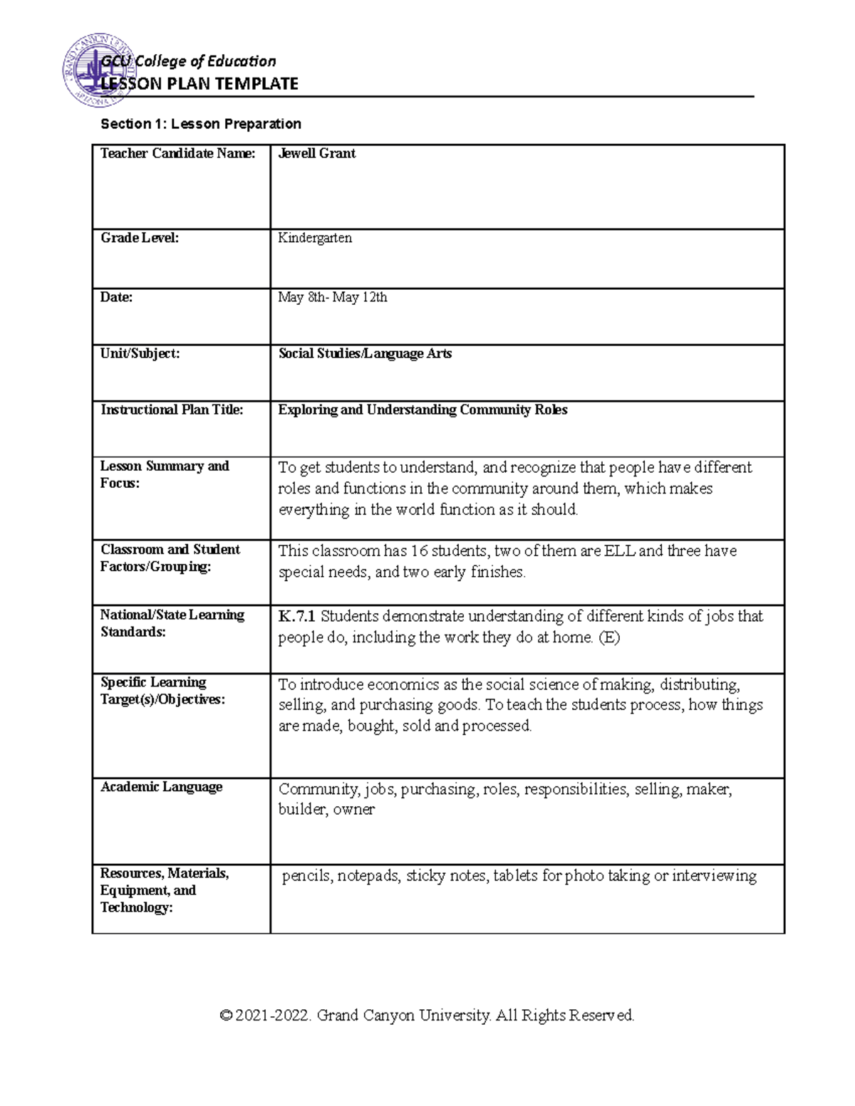 GCU Lesson Plan 2: Exploring Community Roles for Kindergarten - Studocu