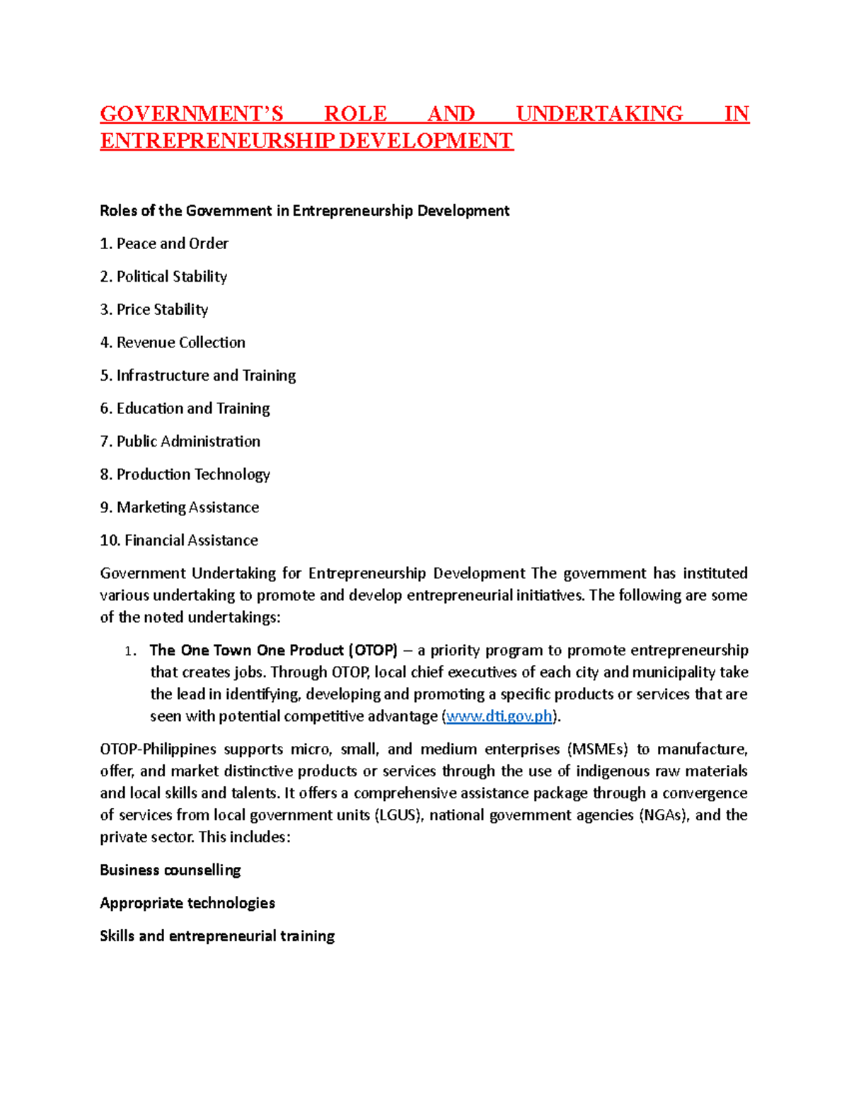 Government’s role and undertaking in entrepreneurship development ...