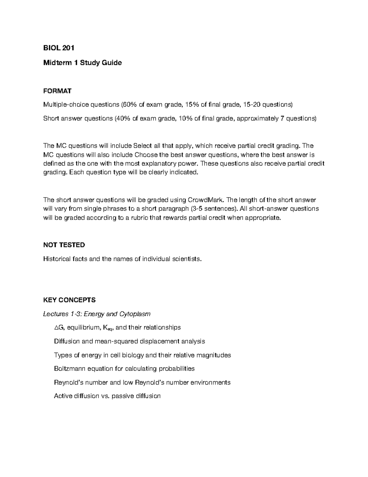 BIOL 201 Midterm 1 Study Guide: Key Concepts & Exam Format - Studocu