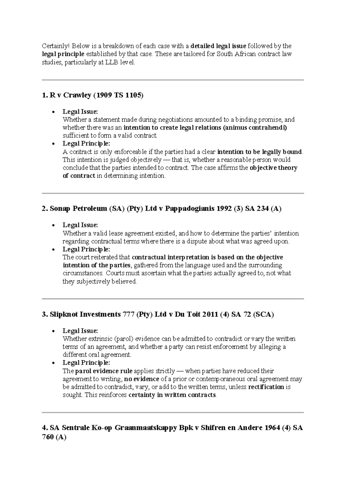 Exam Case Summaries for Law of Contract A (LLB Level) - Studocu