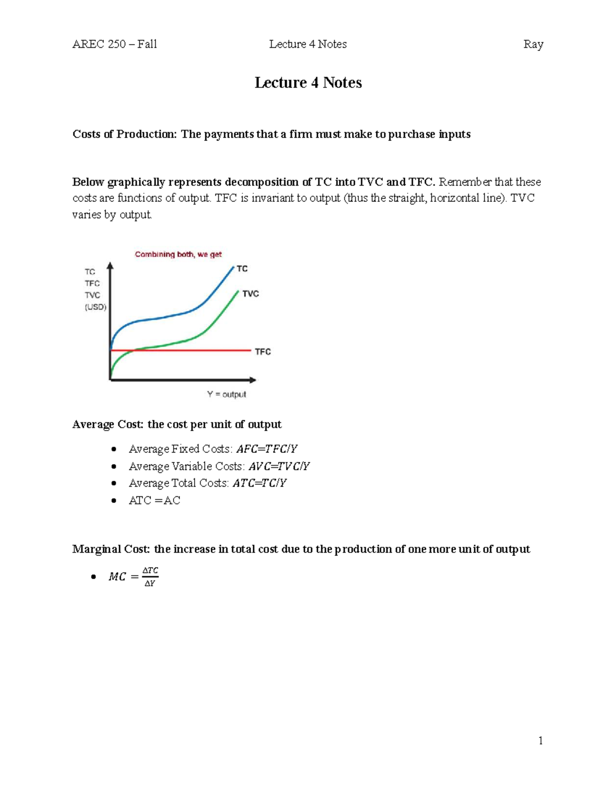 AREC 250 Fall Lecture 4 Notes: Costs of Production &amp; Profit Maximization - Studocu
