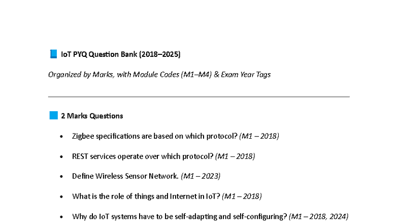 IoT PYQ Question Bank - M1, M2, M3, M4 Exam Year Collection - Studocu