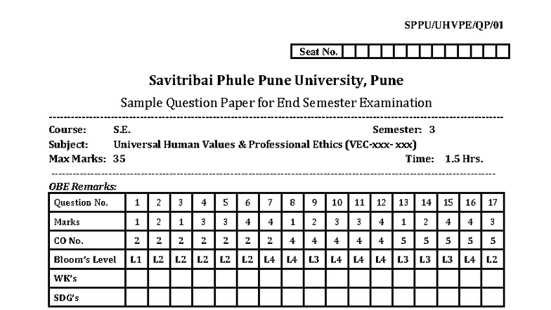 SPPU Sample QP for End Sem Exam: Universal Human Values & Ethics - Studocu