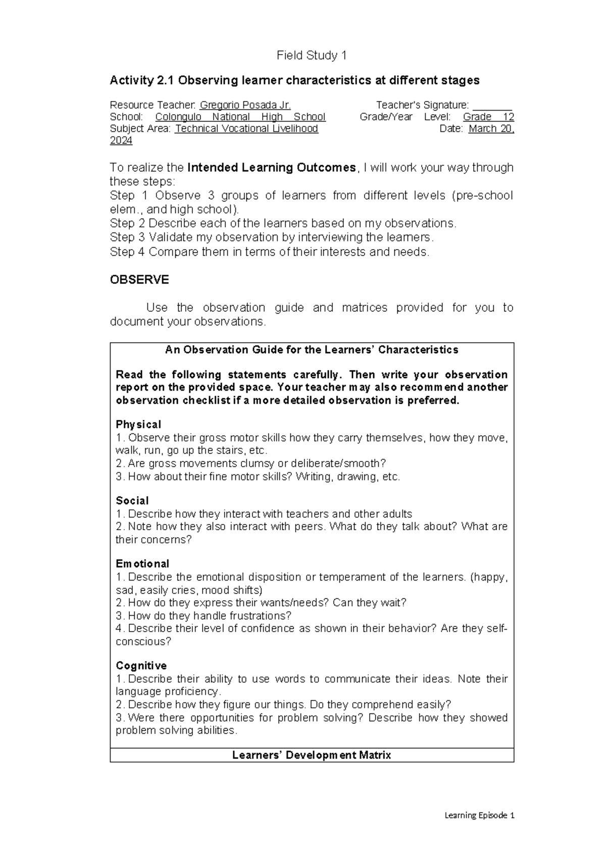 Field Study 1 Episode 2: Observing Learner Characteristics and Needs ...