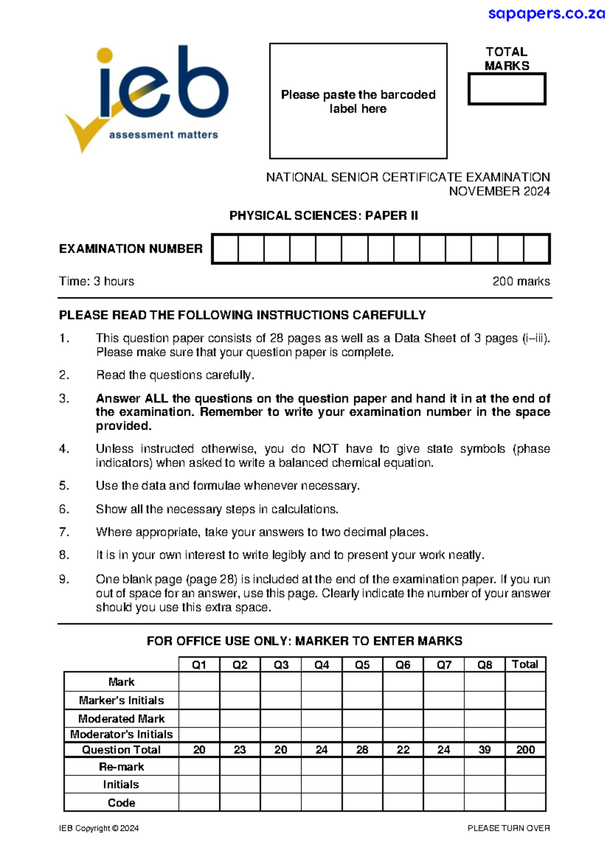 Physical Sciences P2 Exam Paper - November 2024 - Studocu