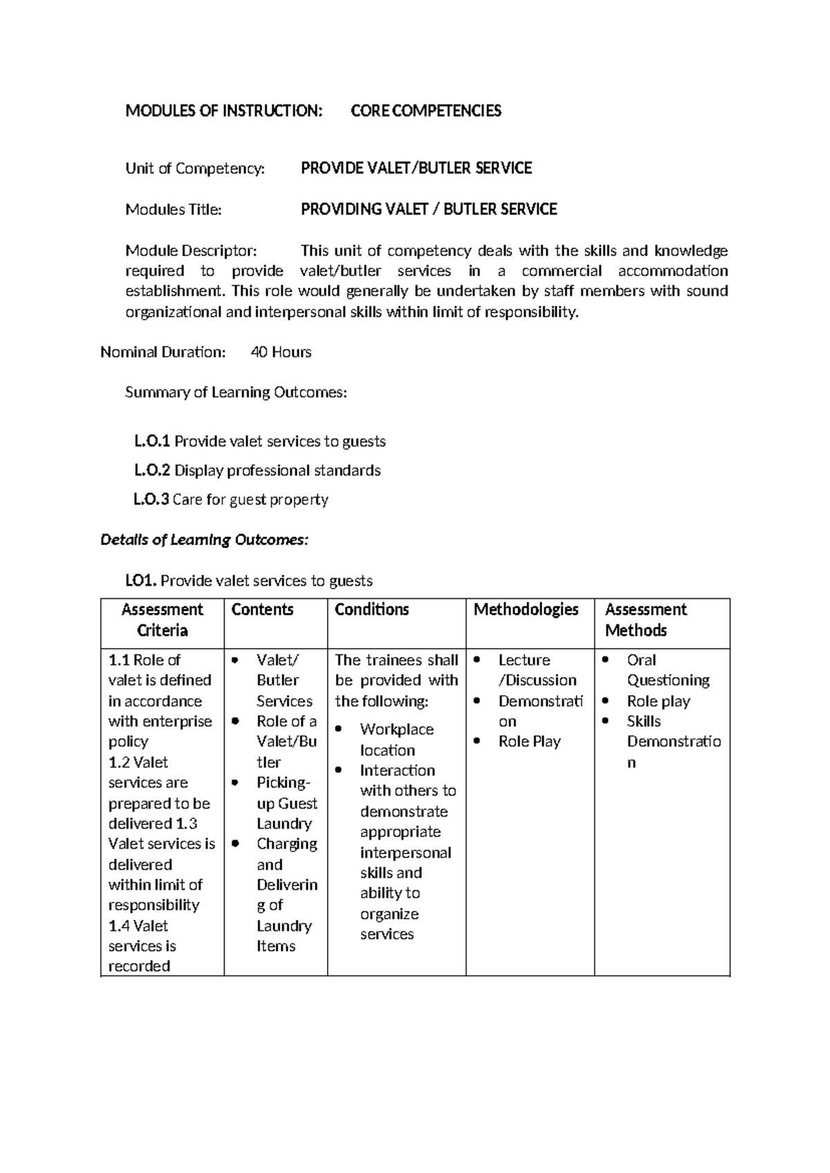 MOI 2: Providing Valet Butler Service - Core Competencies Module - Studocu