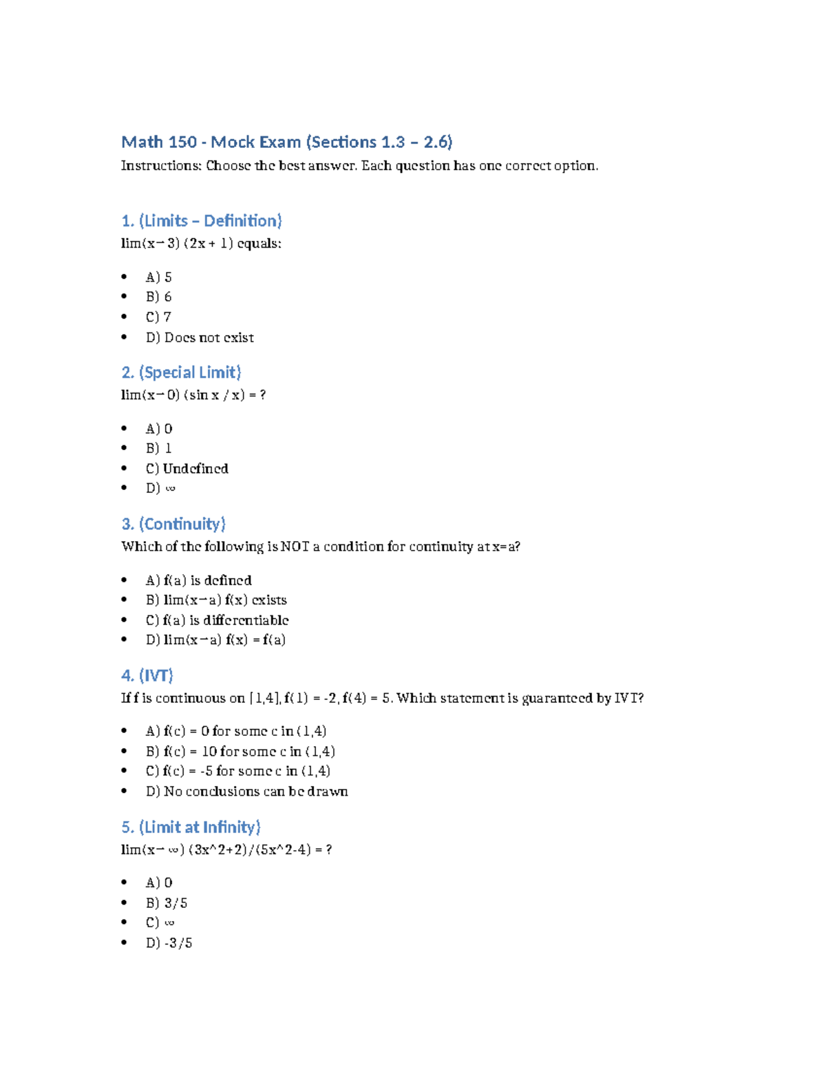 Math 150 Mock Exam - Practice Test for Sections 1.3 to 2.6 - Studocu