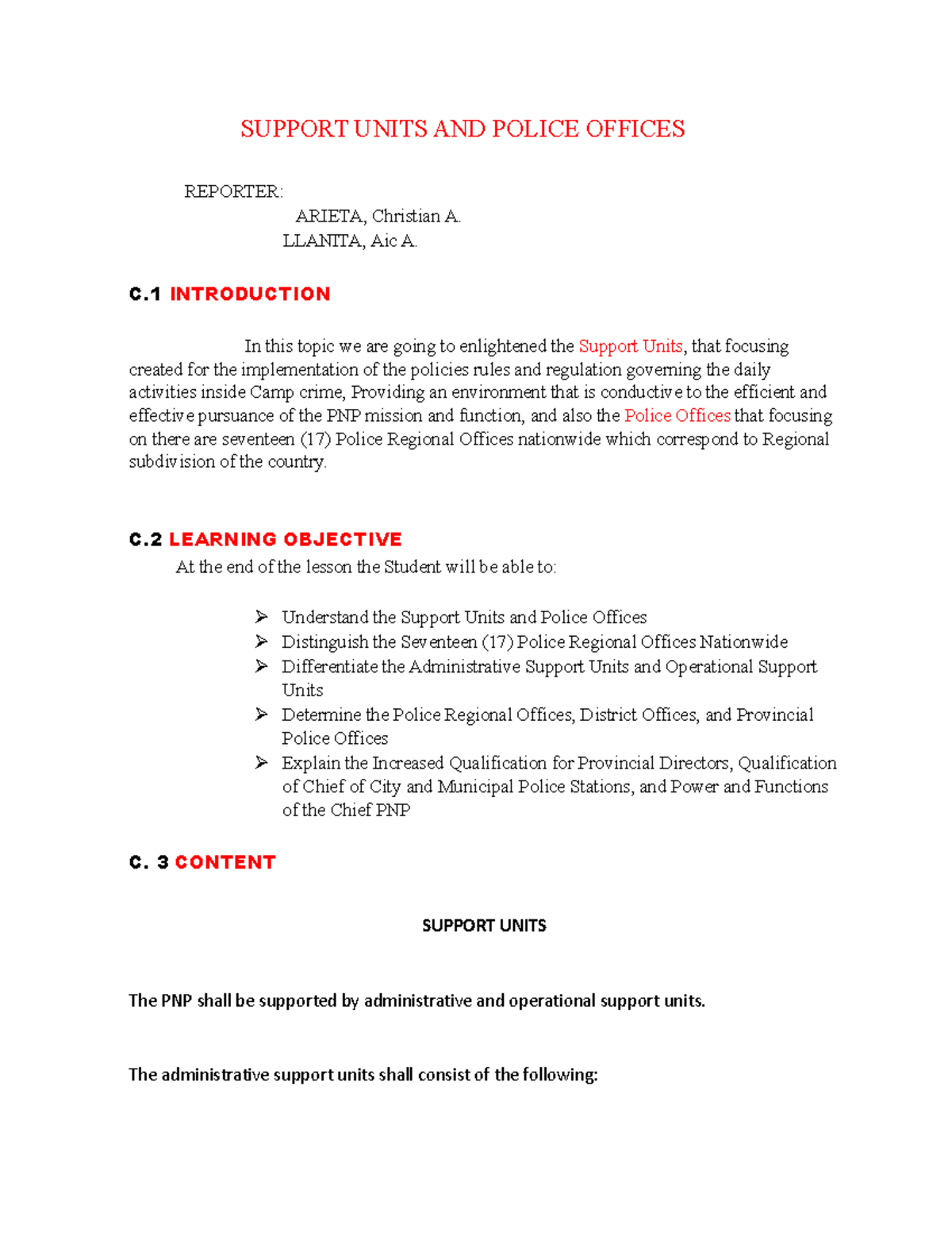 Support Units and Police Offices Overview for PNP Operations - Studocu
