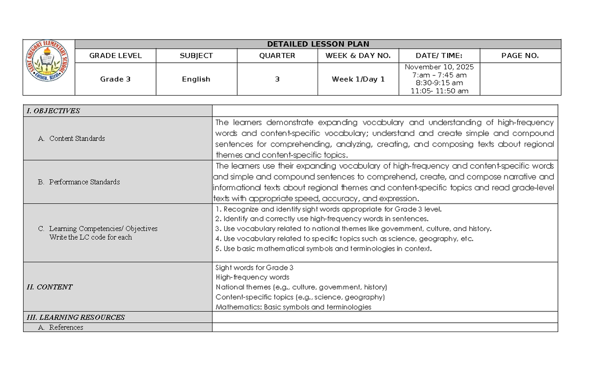 Week 1 English 3 Detailed Lesson Plan (DLP) - Studocu