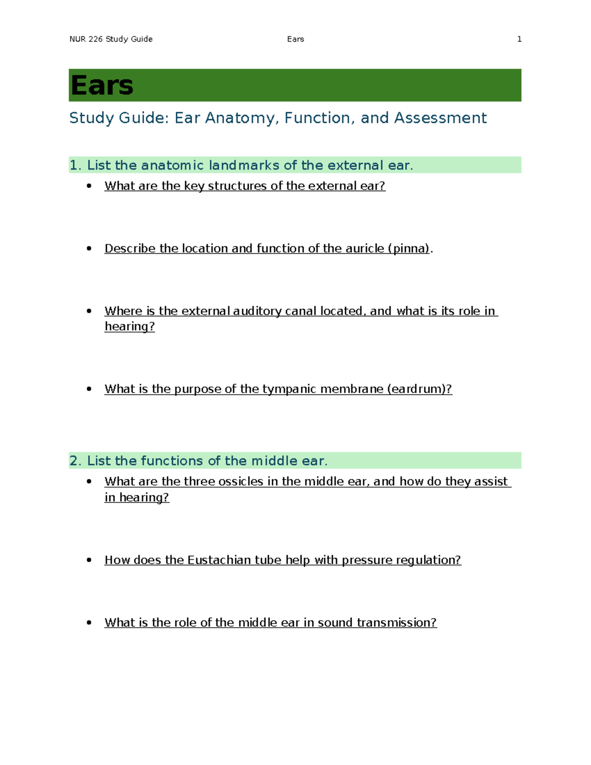 NUR 226 Study Guide: Ear Anatomy, Functions & Assessment Techniques ...