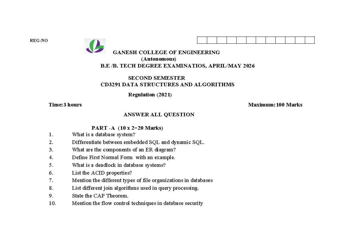 DBMS QUE - Model Question Paper for CD3291 Data Structures & Algorithms ...