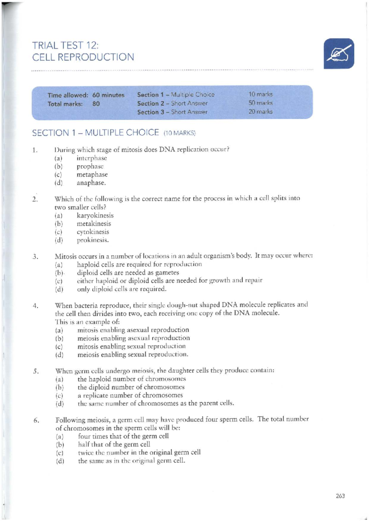 TRIAL TEST 12: CELL REPRODUCTION (60 min) - Biology Exam - Studocu