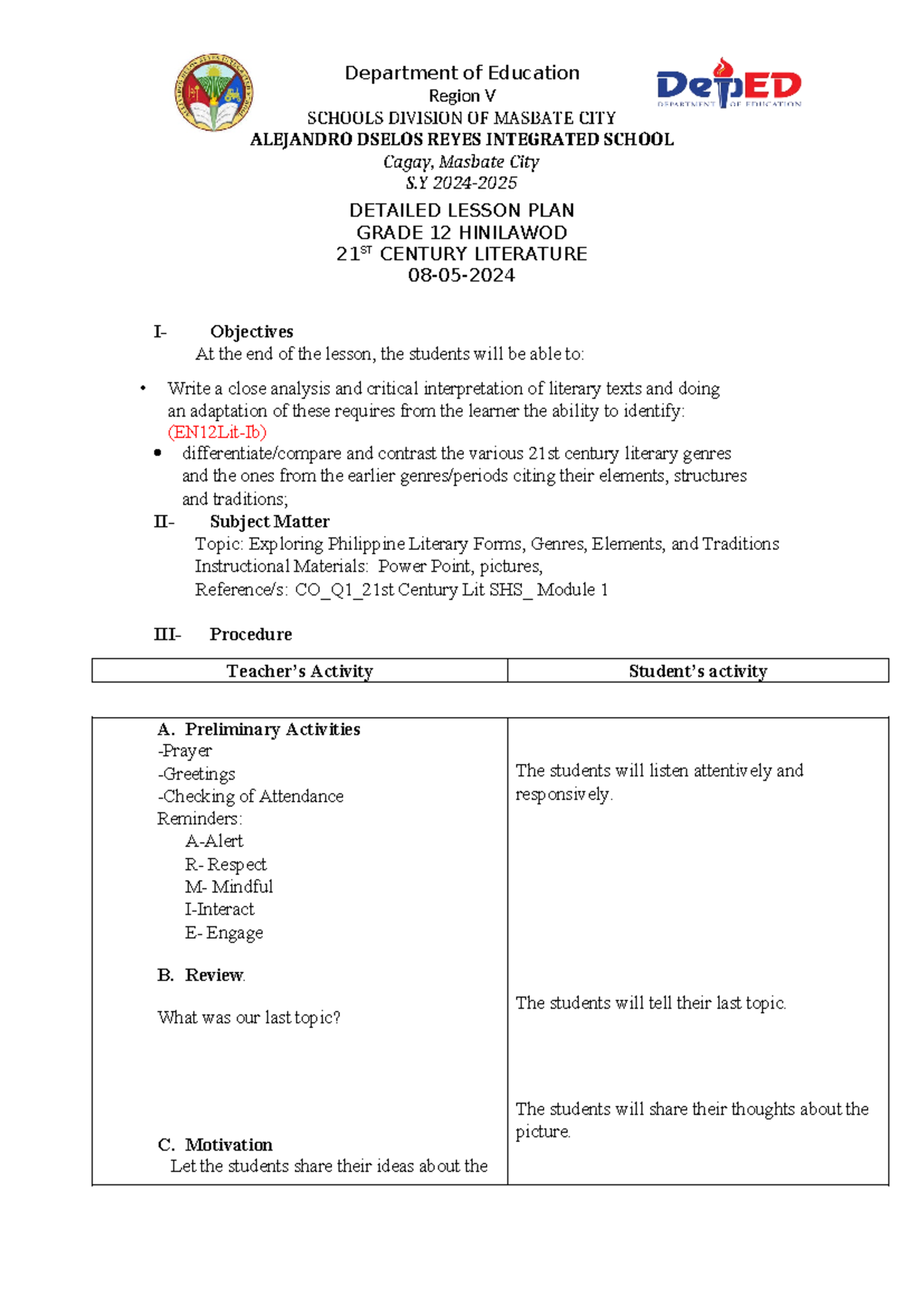 21st Century Literature Lesson Plan Summary for Grade 12 (EN12Lit-Ib ...