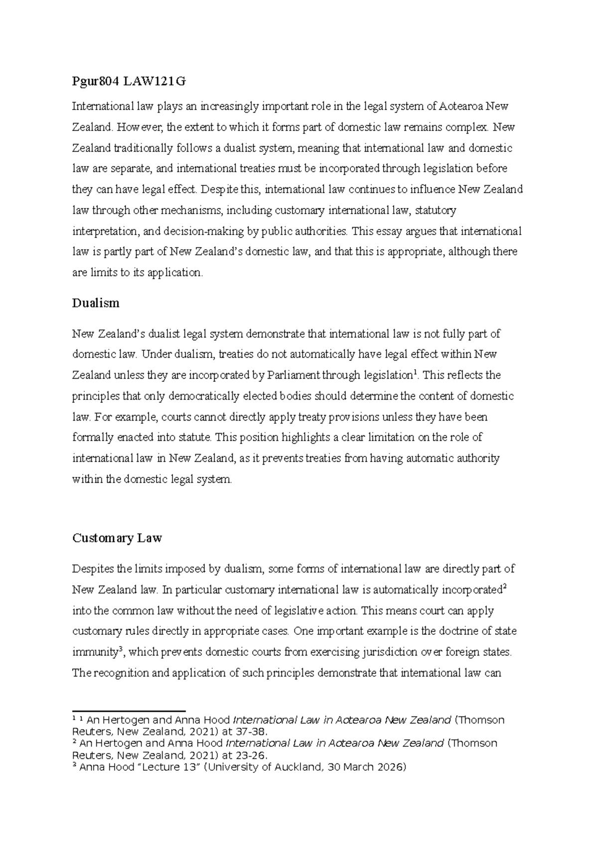 LAW121G Essay: The Role of International Law in New Zealand's Legal ...