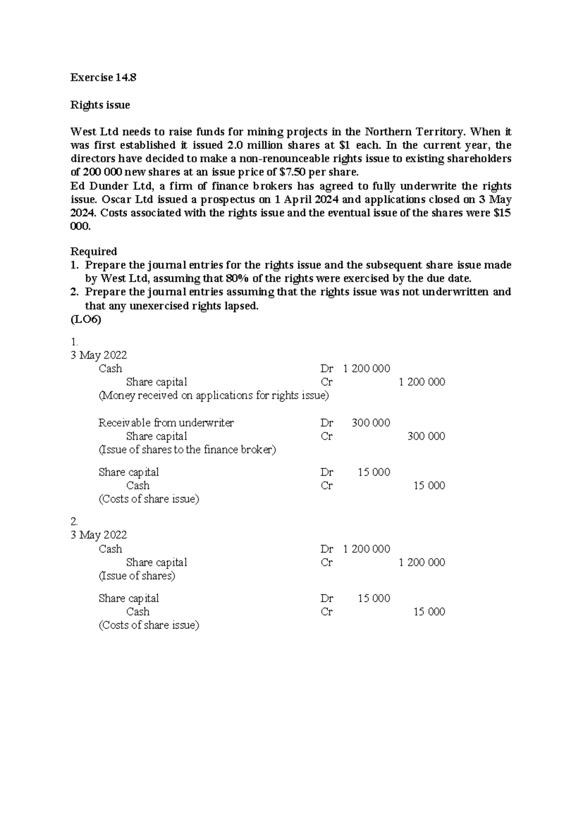 2 Tutorial questions and solutions - share issues part 1 - Exercise 14 ...