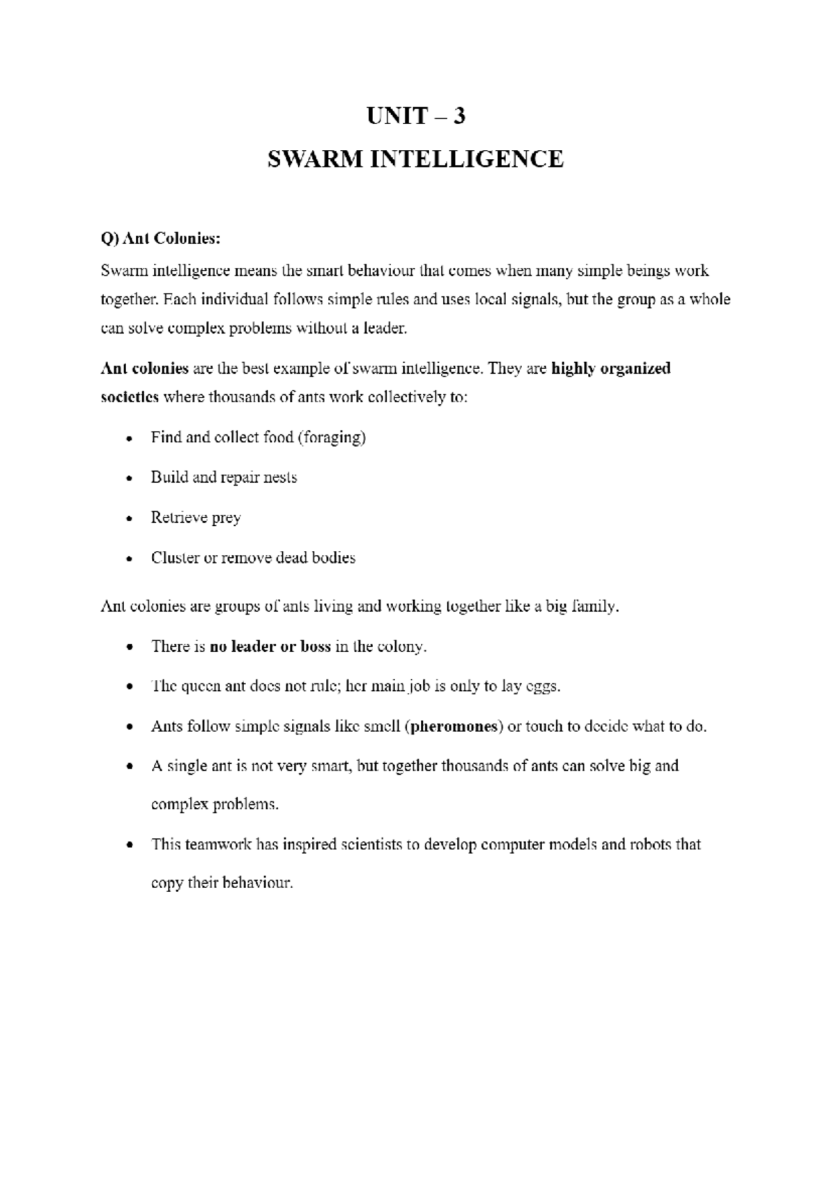 NIC Unit-3: Swarm Intelligence and Ant Colony Optimization Notes - Studocu