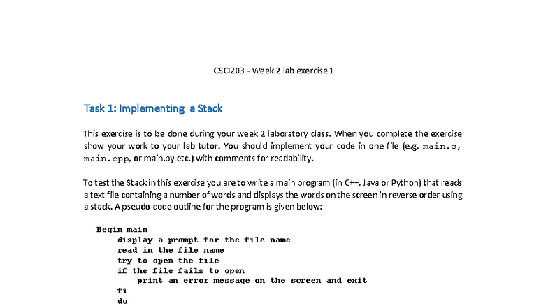 CSCI203 Week 2 Lab Exercise 1: Stack Implementation Guide - Studocu