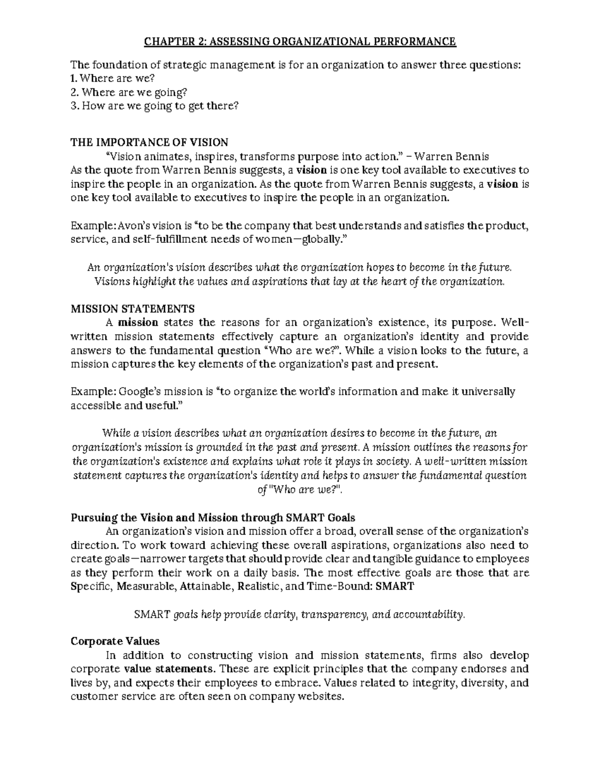 Chapter 2 Handout: Assessing Organizational Performance and Vision ...