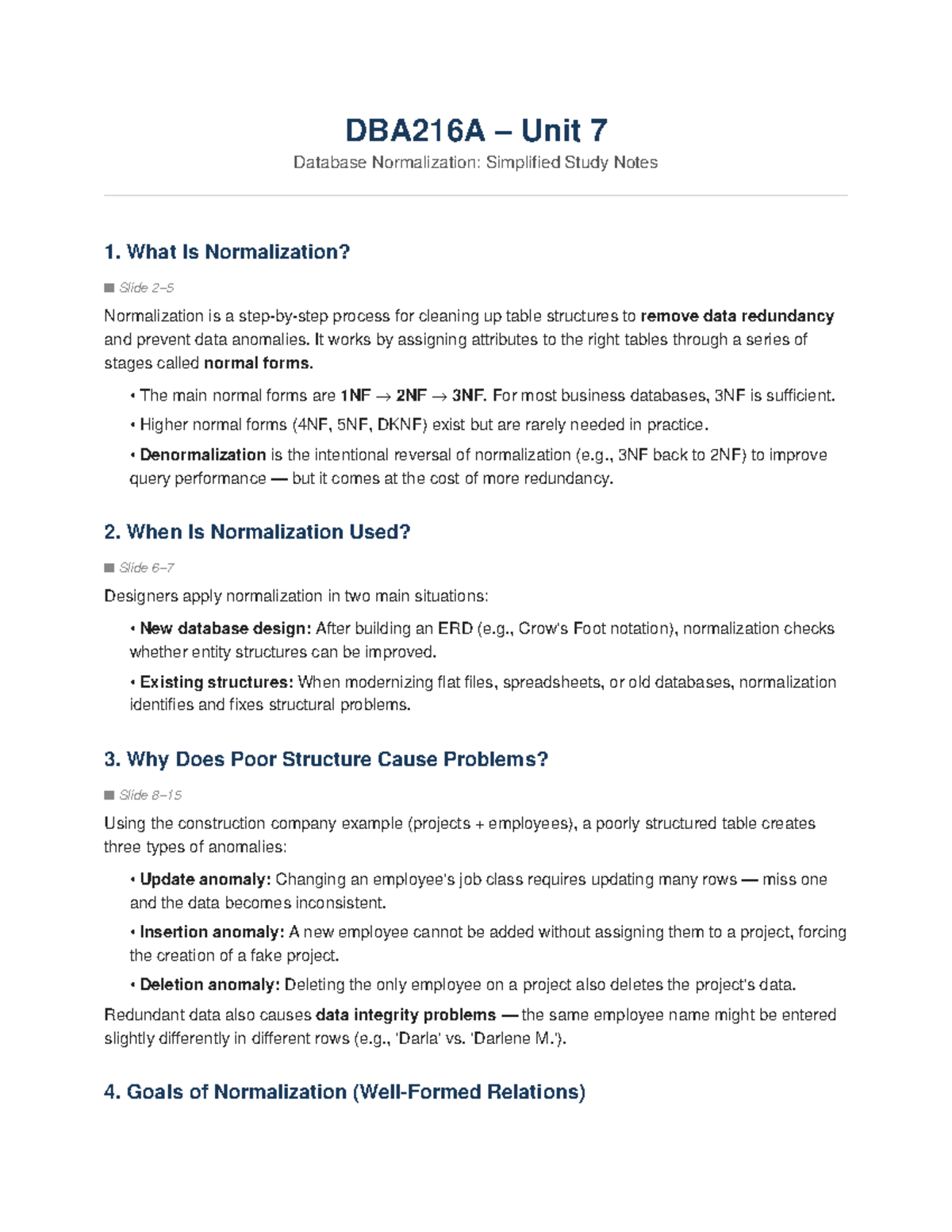 DBA216A Unit 7 Simplified Notes on Database Normalization - Studocu