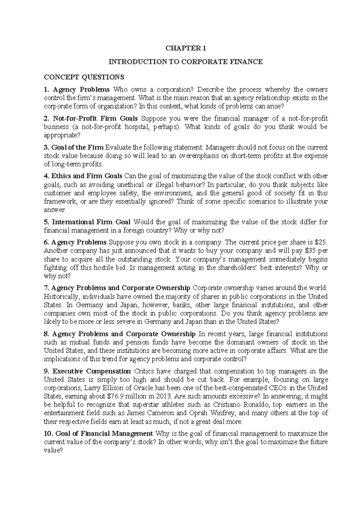 CHAPTER 1 CORPORATE FINANCE CONCEPT QUESTIONS & EXERCISES TCDN 1 - Studocu