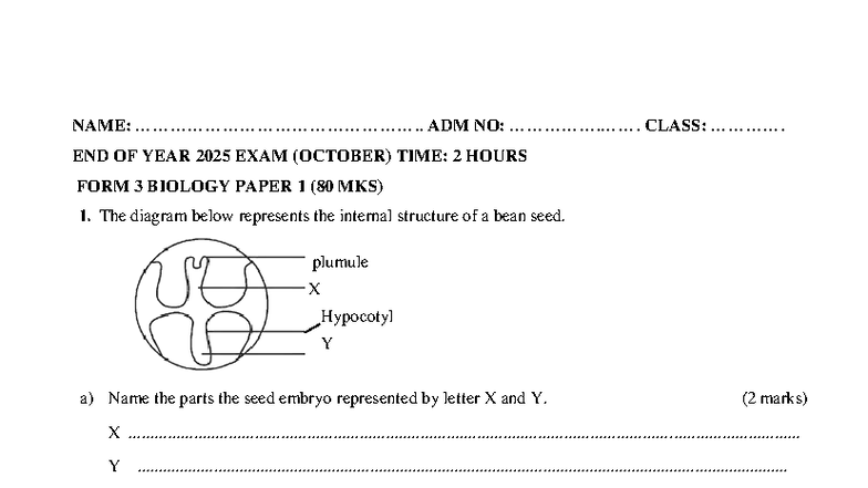 Form 3 Biology Paper 1 End of Year Exam 2025 (October) - Studocu