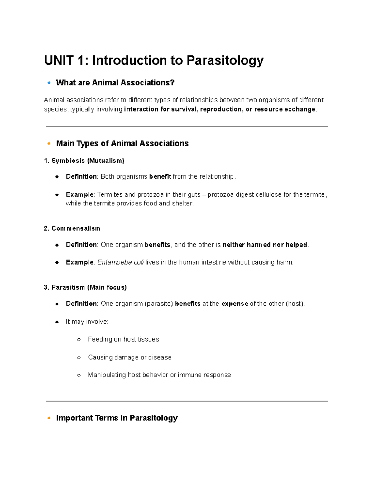 UNIT 1: Intro to Parasitology - Animal Associations & Key Concepts ...