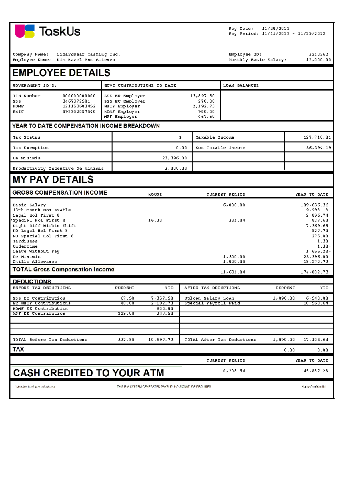 Payslip for Kim Hazel Ann Atienza - November 30, 2022 - Studocu