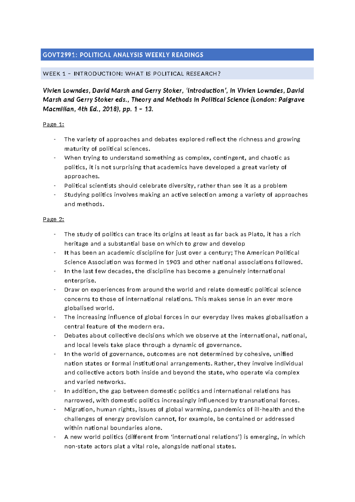 GOVT2991: Political Analysis Weekly Readings - Week 1 Overview - Studocu