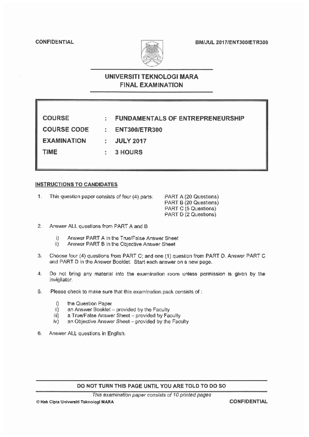 ENT300 FINAL EXAMINATION JULY 2017 - FUNDAMENTALS OF ENTREPRENEURSHIP ...