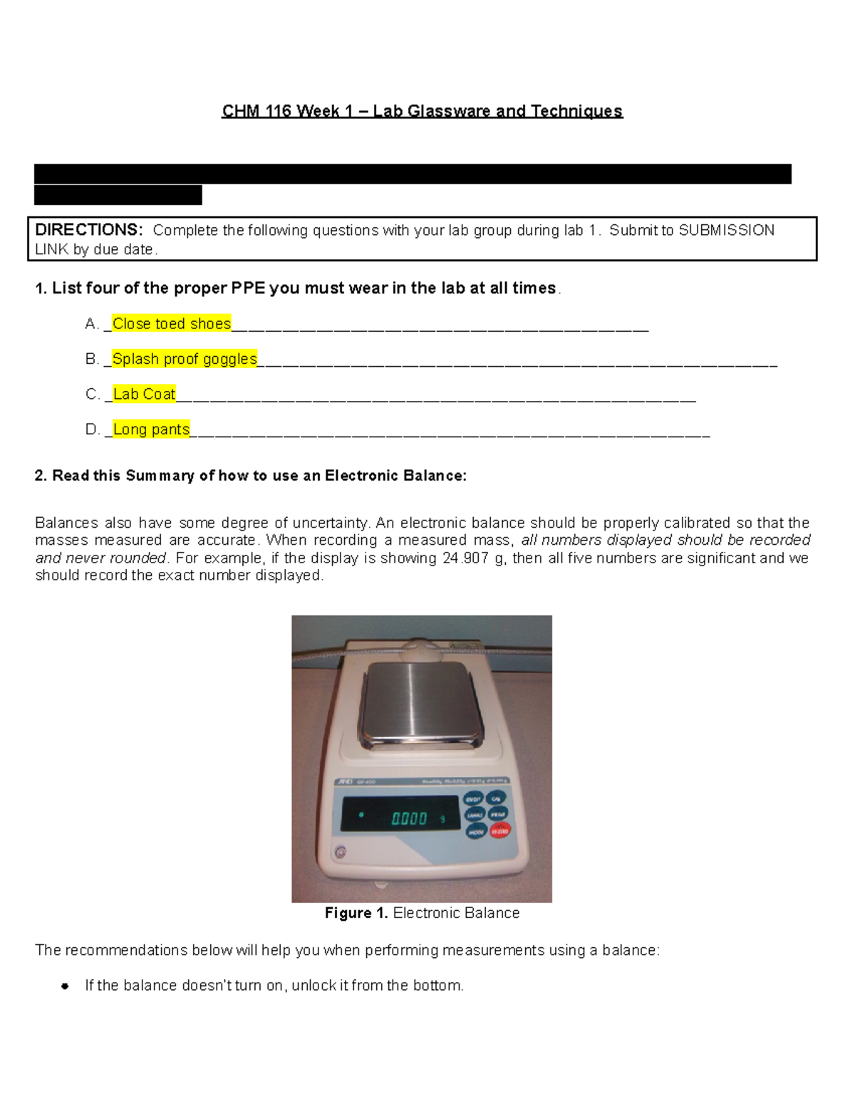 CHM 116 Lab 1 Techniques & Safety Group Worksheet - Jan 28, 2025 - Studocu