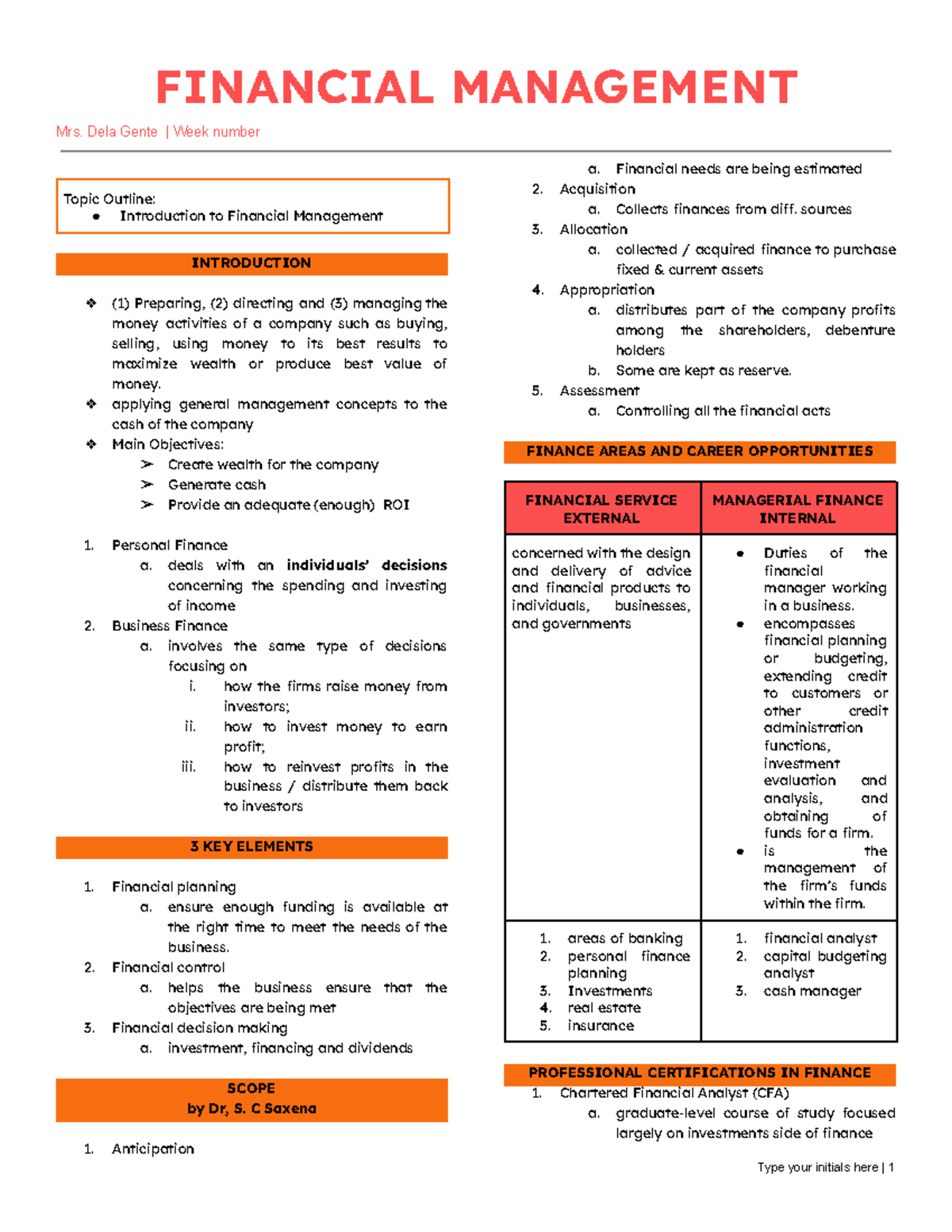 FIN 101: Introduction to Financial Management - Week 1 Notes - Studocu