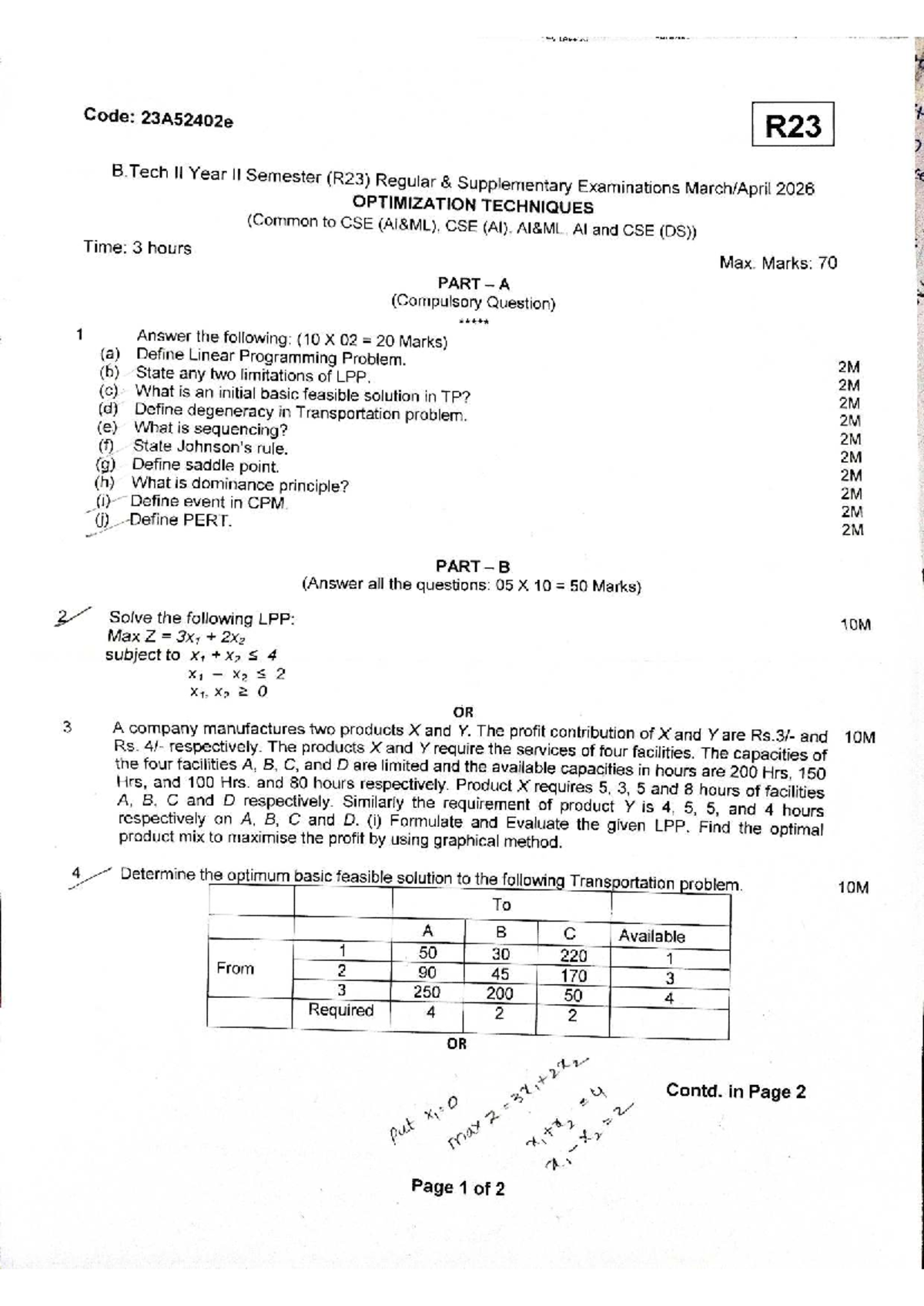 B.Tech II Year II Sem (R23) Optimization Techniques Exam Paper 2026 ...
