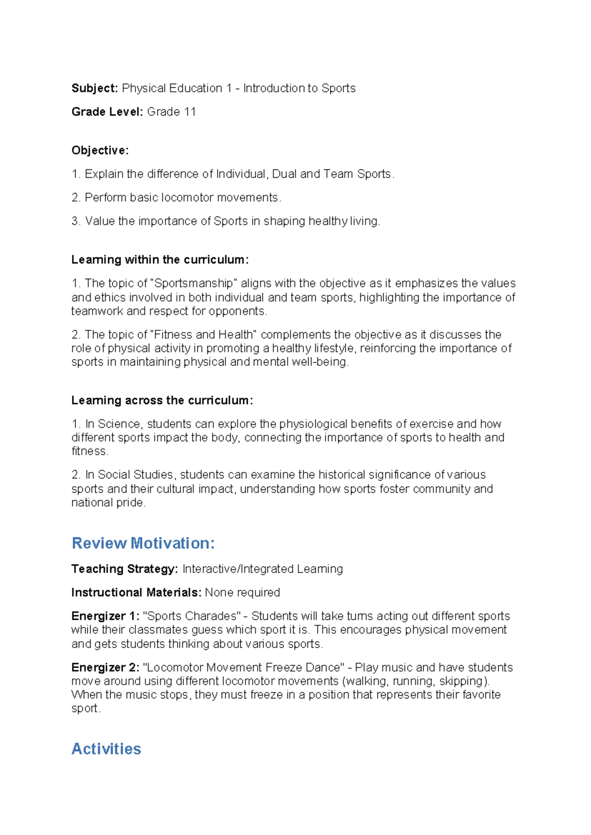 PE 1 Lesson Plan: Understanding Individual, Dual & Team Sports - Studocu