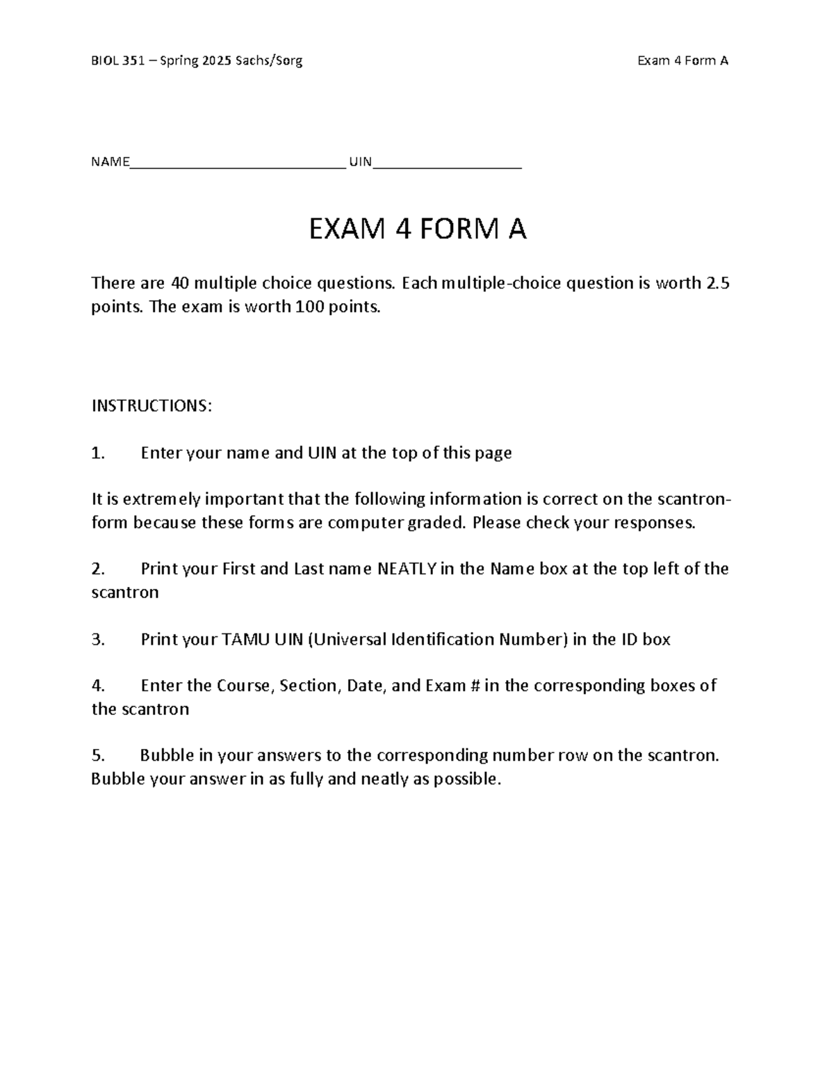BIOL 351 Spring 2025 Exam 4 Form A - Practice Questions - Studocu